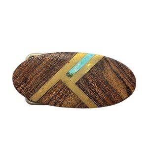Southwestern brass wood & turquoise vintage oval belt buckle brown gold blue